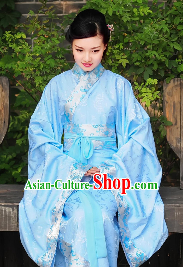 Blue Ancient Chinese Han Dynasty Dresses Hanfu Wedding Dress Hanbok Kimono Complete Set for Women