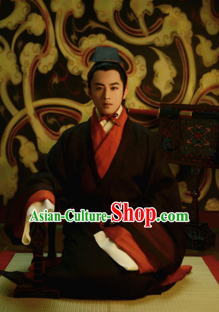 Chinese Ancient Han Dynasty Men Clothing and Hat Complete Set