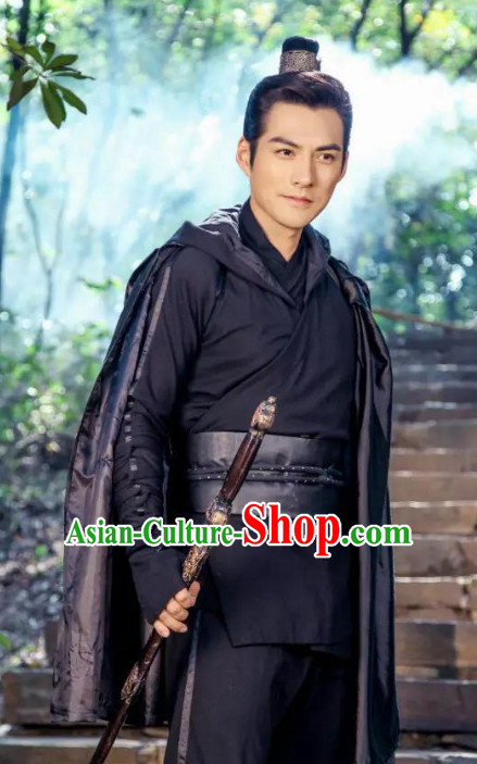 Black Ancient Chiinese Knight Samurai Costumes Hanfu Clothes Complete Set for Men