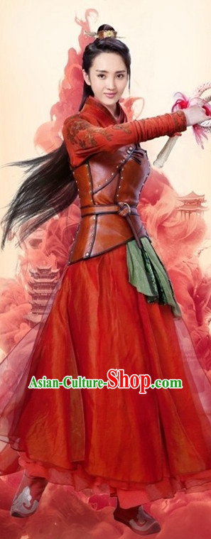 Ancient Chinese Red Swordswoman Clothing and Hair Accessories Complete Set for Women