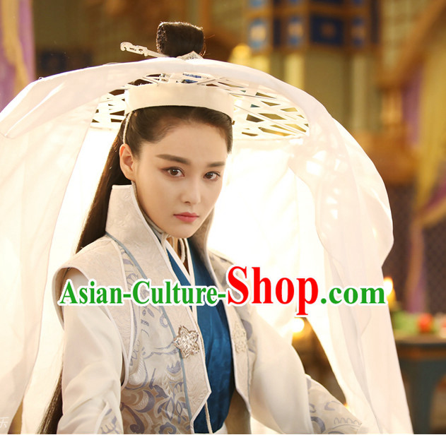 Ancient Chinese Pure White Long Veil Bamboo Hat