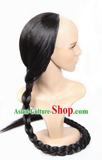 Chinese Ancient Swordsman Long Wig Set, Traditional Chinese Qing Dynasty Wig Hoods for Men
