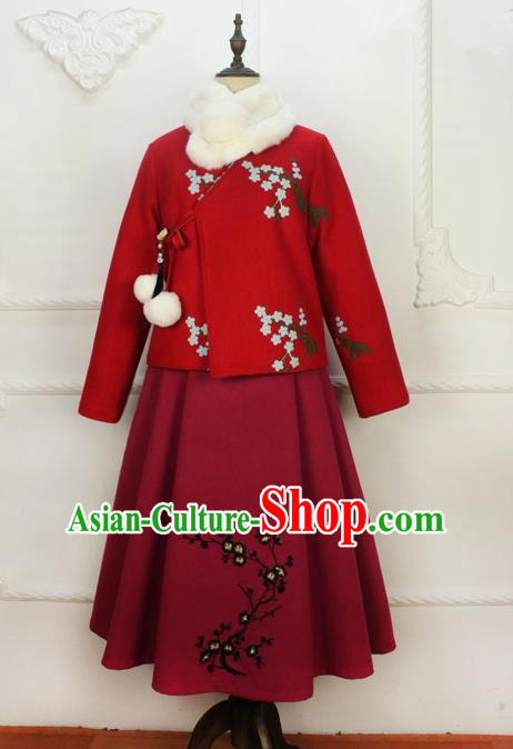 Traditional Classic Women Clothing, Traditional Chinese Classic Woolen Dress Embroidered Pleated Skirt, Chinese Han Dynasty Restoring Ancient Wool Long Skirt for Women