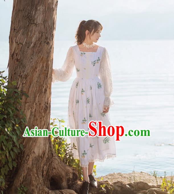 Traditional Classic Elegant Chinese Women Costume One-Piece Dress, Restoring Ancient Princess Cotton Long White Dress for Women