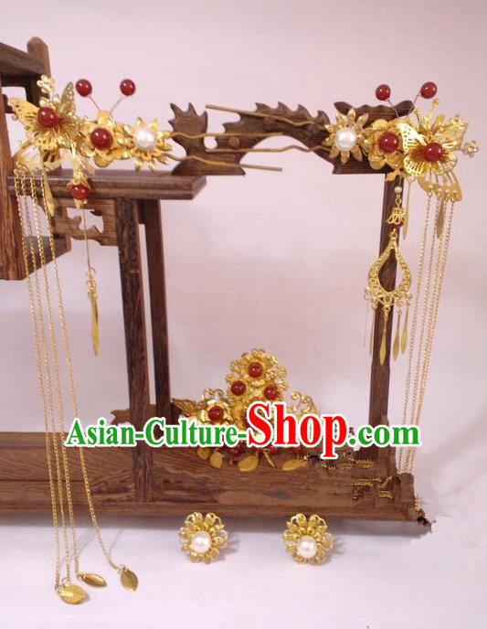Traditional Chinese Wedding Jewelry Accessories Traditional Xiuhe Suits Wedding Bride Headwear Wedding Tiara Ancient Chinese Tassel Harpins for Women