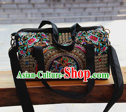 Traditional Chinese Miao Nationality Palace Handmade Four-Sided Embroidery Peony Handbag Hmong Handmade Embroidery Canvas Messenger Bags for Women