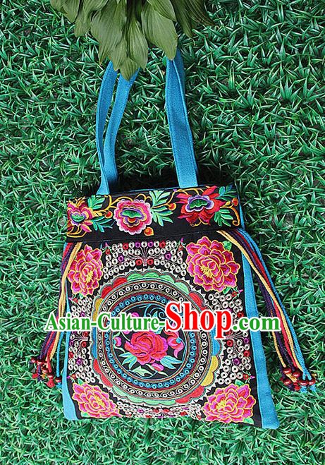 Traditional Chinese Miao Nationality Palace Handmade Single-Sided Embroidery Peony Handbag Hmong Handmade Embroidery Canvas Single Shoulder Bags for Women