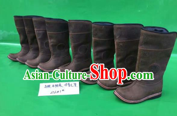 Traditional Chinese Minority Mongol Nationality Ethnic Minorities Mongolian Dance Cowhide Boots, Mongolian Knee Boots Handmade Jockey Boots Tanks Boots for Men