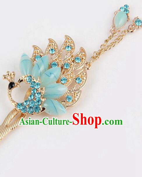 Korean Traditional Style Hairpins Bride Head Wear Up Do Tassels Bu Yao Peacock Spreading Tail Feathers Hair Clasp Blue