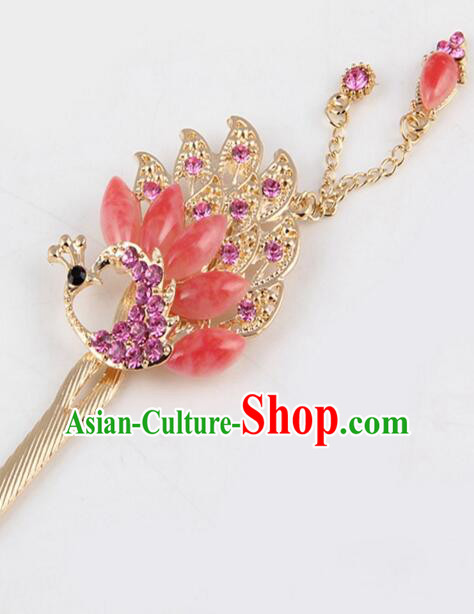 Korean Traditional Style Hairpins Bride Head Wear Up Do Tassels Bu Yao Peacock Spreading Tail Feathers Hair Clasp Red