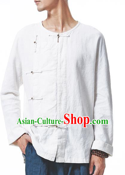 Traditional Chinese Linen Tang Suit Men Slant Opening Brass Buckle Long Sleeve Shirts, Chinese Ancient Costumes Linen Dress Shirt for Men