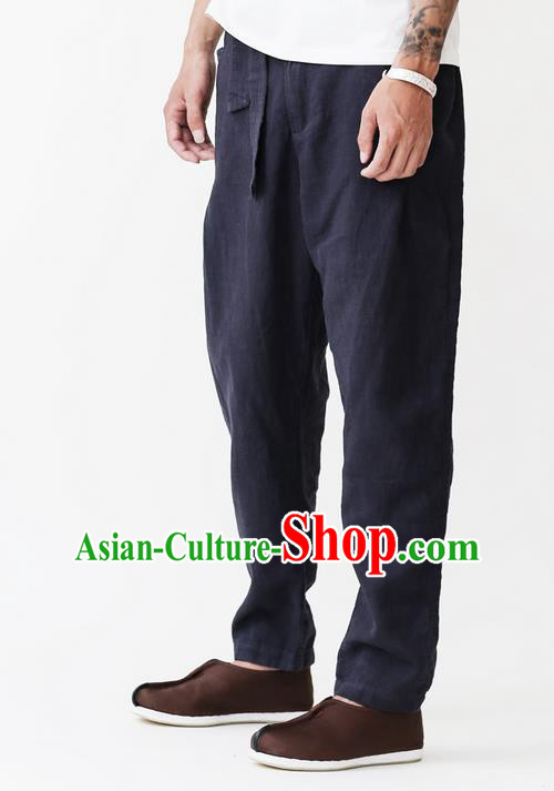 Men 3/4 Long Shorts Cotton Linen Below Knee Pants Tai Chi Loose Lace-Up  Kung Fu