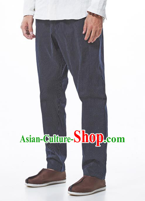 Traditional Chinese Linen Tang Suit Men Trousers, Chinese Ancient Costumes Cotton Pants, Straight Foot Trousers Stripes Pants for Men