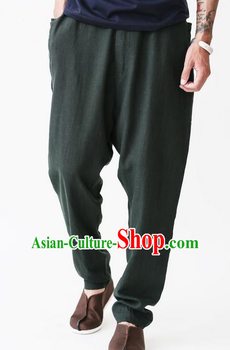 Traditional Chinese Linen Tang Suit Men Trousers, Chinese Ancient Costumes Cotton Pants, Nepal Flax Feet Low Crotch Large Crotch Pants for Men