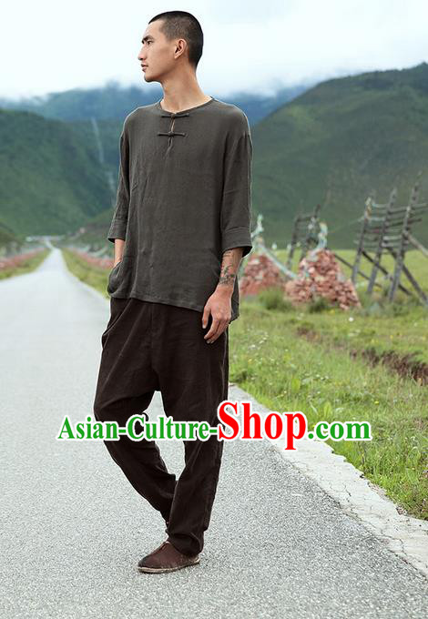 Traditional Chinese Linen Tang Suit Men Costumes, Chinese Ancient Tunic Suit Long Sleeved Shirt Plate Buttons Shirt for Men