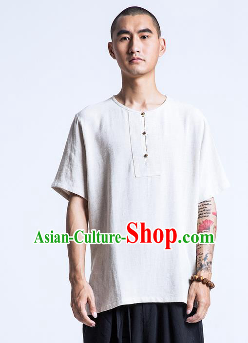 Traditional Chinese Linen Tang Suit Men Costumes, Chinese Ancient Round Neck Silk Floss Short Sleeved T-Shirt Brass Buttons Costume for Men