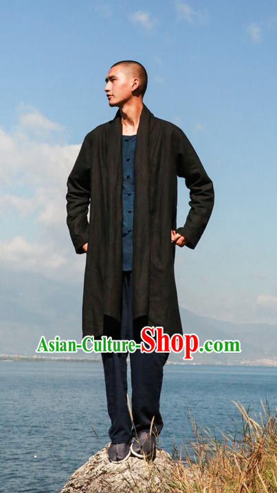 Traditional Chinese Linen Tang Suit Men Costumes Dust Coat, Chinese Ancient Linen Double Collar Men Hanfu, Linen Long Coat for Men