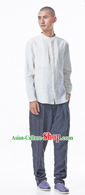 Traditional Chinese Linen Tang Suit Men Costumes Blouse, Chinese Ancient Tunic Suit Long Sleeved Shirt for Men