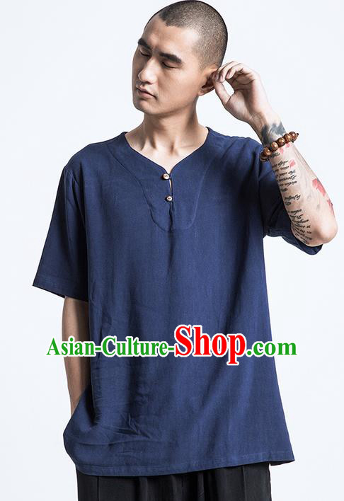 Traditional Chinese Linen Tang Suit Men Costumes, Chinese Ancient Silk Floss Short Sleeved T-Shirt Coconut Buttons Costume for Men