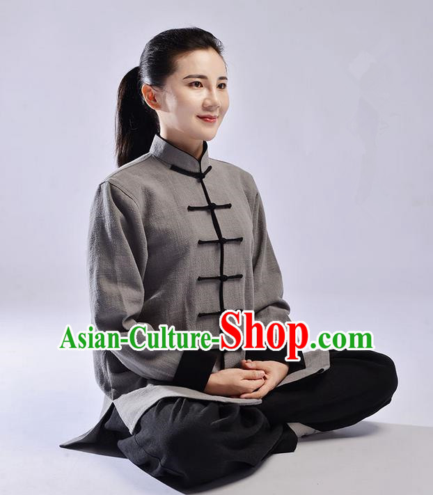 Traditional Chinese Top Thicken Linen Kung Fu Costume Martial Arts Kung Fu Training Uniform Tang Suit Gongfu Shaolin Wushu Clothing Tai Chi Taiji Teacher Suits Uniforms for Women