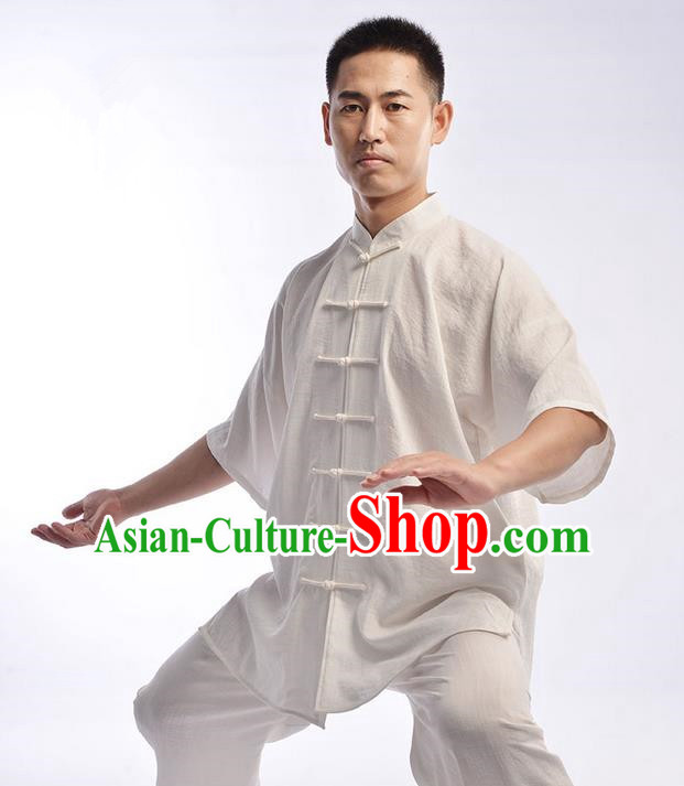 Traditional Chinese Top Linen Short Sleeve Kung Fu Costume Martial Arts Kung Fu Training Uniform Tang Suit Gongfu Shaolin Wushu Clothing Tai Chi Taiji Teacher Suits Uniforms for Men