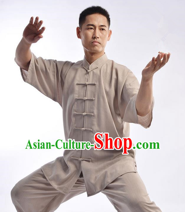 Traditional Chinese Top Linen Short Sleeve Kung Fu Costume Martial Arts Kung Fu Training Uniform Tang Suit Gongfu Shaolin Wushu Clothing Tai Chi Taiji Teacher Suits Uniforms for Men