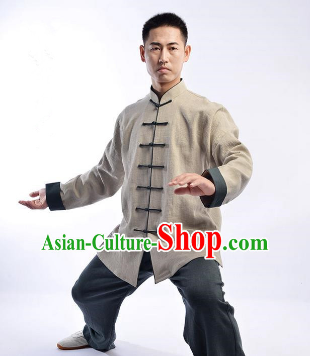 Traditional Chinese Top Thicken Linen Kung Fu Costume Martial Arts Kung Fu Training Uniform Tang Suit Gongfu Shaolin Wushu Clothing Tai Chi Taiji Teacher Suits Uniforms for Men
