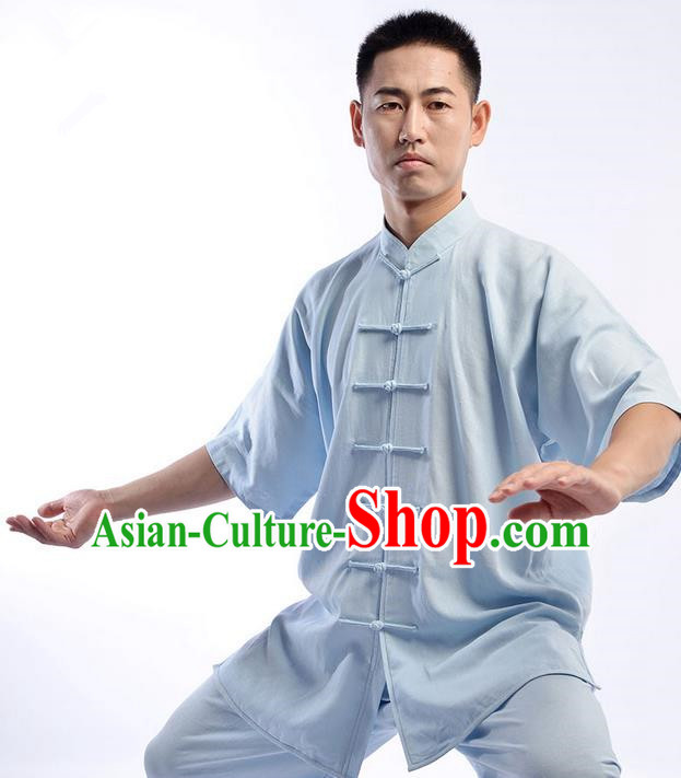 Traditional Chinese Top Linen Short Sleeve Kung Fu Costume Martial Arts Kung Fu Training Uniform Gongfu Shaolin Wushu Clothing Tai Chi Taiji Teacher Suits Uniforms for Men