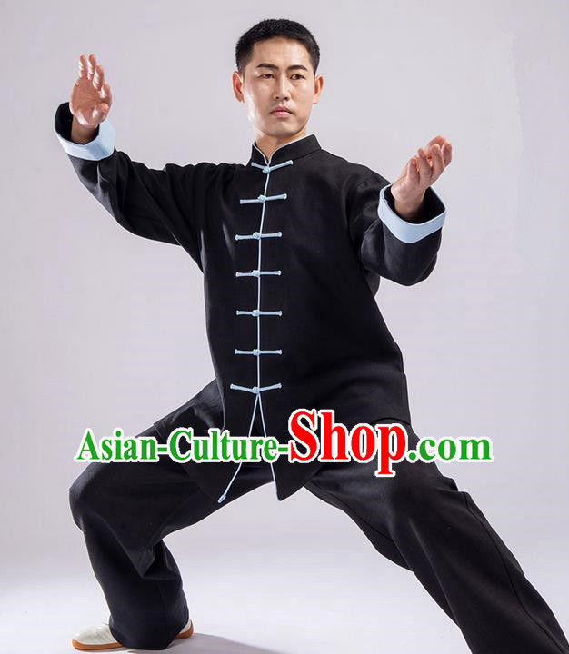 Traditional Chinese Thicken Double Linen Velvet Kung Fu Costume Martial Arts Kung Fu Training Uniform Tang Suit Gongfu Shaolin Wushu Clothing Tai Chi Taiji Teacher Suits Uniforms for Men