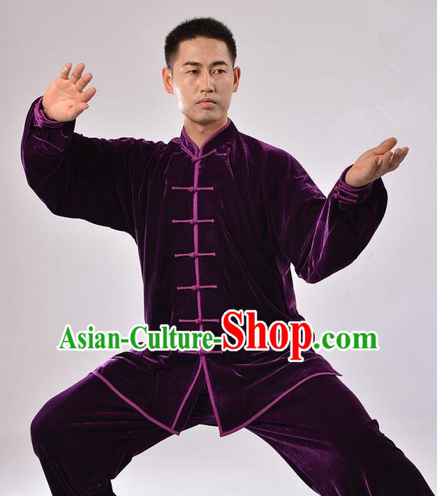 Traditional Chinese Thicken Pleuche Kung Fu Costume Martial Arts Kung Fu Training Uniform Tang Suit Gongfu Shaolin Wushu Clothing Tai Chi Taiji Teacher Suits Uniforms for Men
