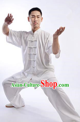 Traditional Chinese Linen Kung Fu Short Sleeve Costume Martial Arts Kung Fu Training Uniform Tang Suit Gongfu Shaolin Wushu Clothing Tai Chi Taiji Teacher Suits Uniforms for Men