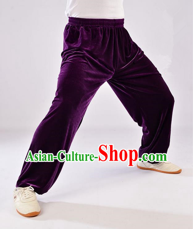 Traditional Chinese Thicken Pleuche Kung Fu Trousers, Martial Arts Kung Fu Training Trousers Tang Suit Gongfu Shaolin Wushu Clothing Tai Chi Taiji Teacher Pants for Women