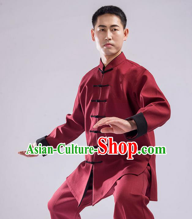 Traditional Chinese Double Flocking Linen Kung Fu Costume Martial Arts Kung Fu Training Uniform Tang Suit Gongfu Shaolin Wushu Clothing Tai Chi Taiji Teacher Suits Uniforms for Men