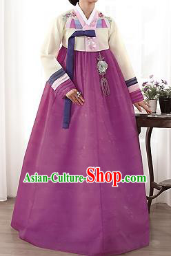 Traditional Korean Costumes Palace Lady Formal Attire Ceremonial Yellow Blouse and Purple Dress, Asian Korea Hanbok Bride Embroidered Clothing for Women