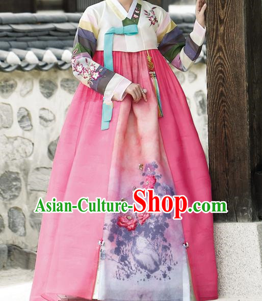 Traditional Korean Costumes Palace Lady Formal Attire Ceremonial Wedding Pink Dress, Asian Korea Hanbok Court Bride Clothing for Women