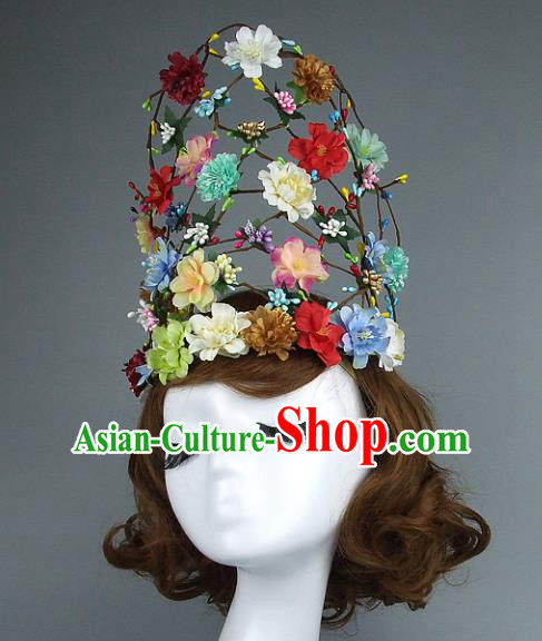 Top Grade Handmade Princess Hair Accessories Model Show Rattan Flowers Royal Crown, Baroque Style Bride Deluxe Headwear for Women