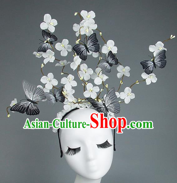 Asian China Butterfly White Flowers Hair Accessories Model Show Headdress, Halloween Ceremonial Occasions Miami Deluxe Headwear