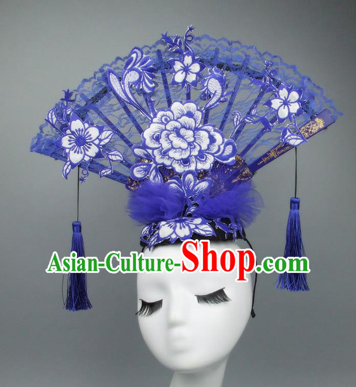 Asian China Theatrical Ornamental Flowers Floral Hair Accessories Model Show Lace Headdress, Traditional Chinese Manchu Lady Headwear for Women