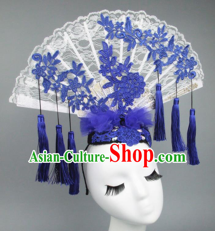 Asian China Theatrical Ornamental Flowers Floral Hair Accessories Model Show Lace Tassel Headdress, Traditional Chinese Manchu Lady Headwear for Women