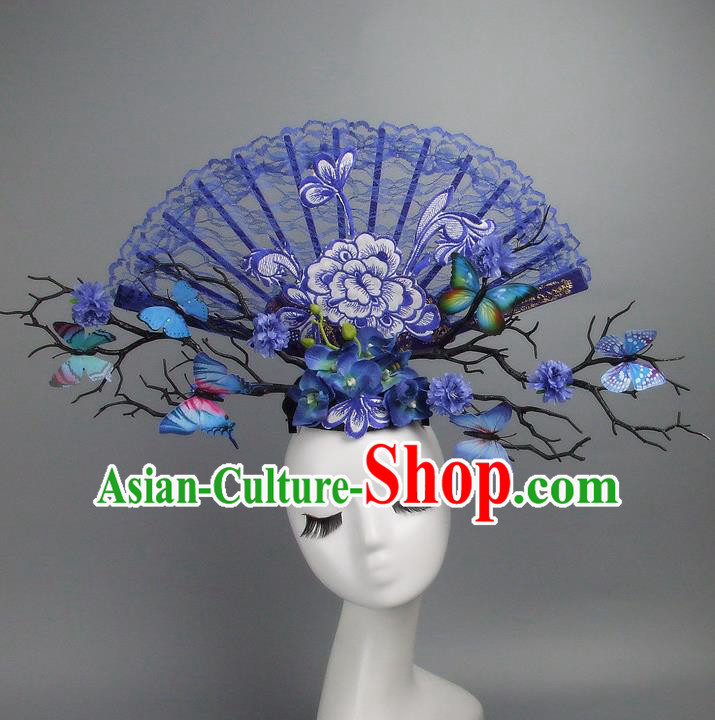 Asian China Theatrical Ornamental Flowers Blue Lace Floral Hair Accessories Model Show Headdress, Traditional Chinese Manchu Lady Headwear for Women