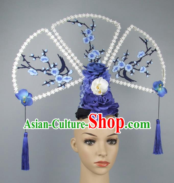 Asian China Theatrical Ornamental Embroidery Hair Accessories Model Show Headdress, Traditional Chinese Manchu Lady Headwear for Women