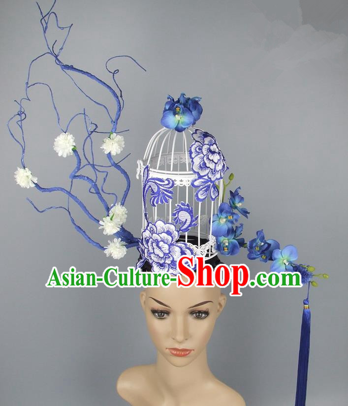 Asian China Theatrical Ornamental Hair Accessories Model Show Embroidery Headdress, Traditional Chinese Manchu Lady Headwear for Women