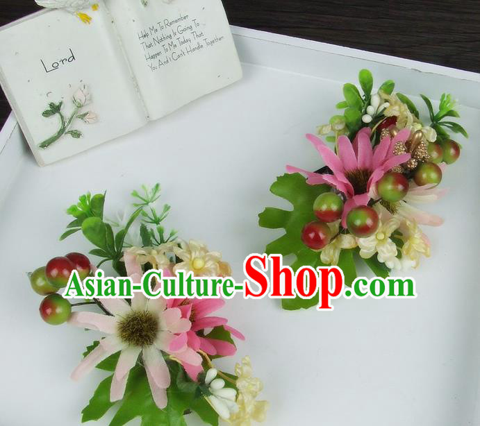 Asian China Wedding Bride Hair Accessories Pink Flower Hair Stick Baroque Headwear for Women