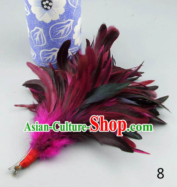 Top Grade Handmade Latin Dance Hair Accessories Rosy Feather Hair Claw, Baroque Style Wedding Bride Hair Stick for Women