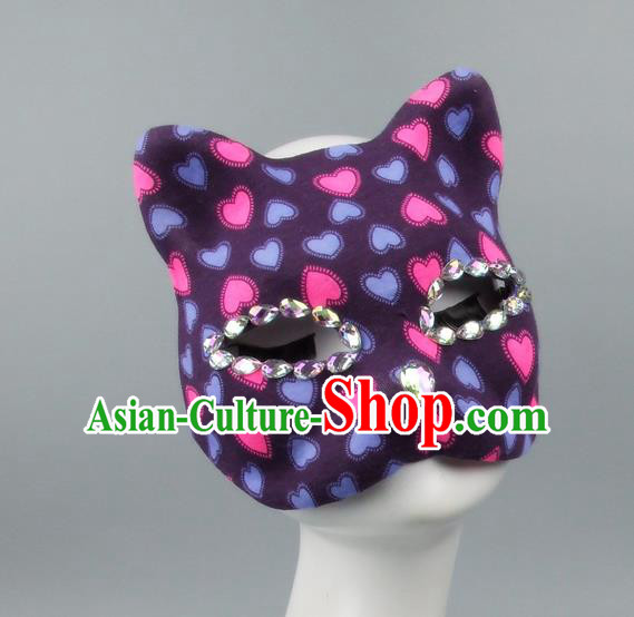 Handmade Exaggerate Fancy Ball Accessories Model Show Crystal Cat Purple Mask, Halloween Ceremonial Occasions Face Mask