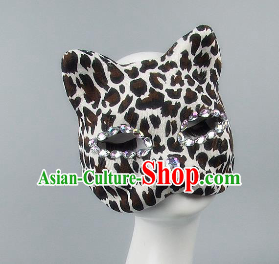 Handmade Exaggerate Fancy Ball Accessories Model Show Crystal Cat Mask, Halloween Ceremonial Occasions Face Mask