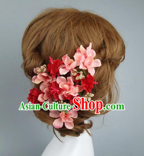 Top Grade Handmade Wedding Hair Accessories Pink Flowers Hair Stick, Baroque Style Bride Headwear for Women