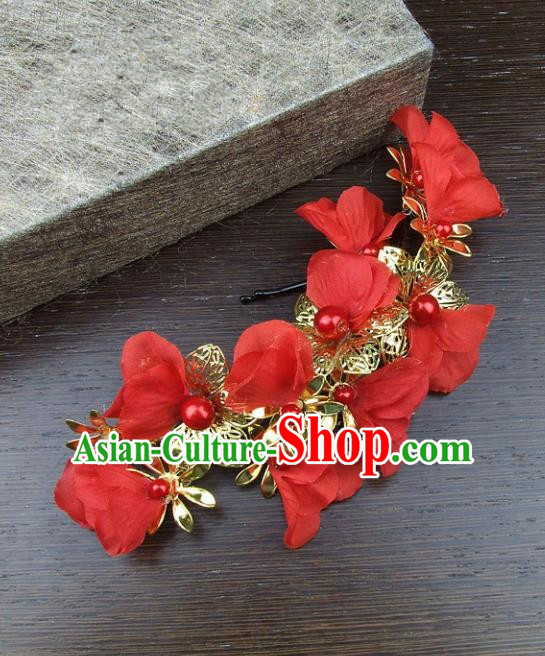 Top Grade Handmade Wedding Hair Accessories Red Headdress Silk Flowers, Baroque Style Bride Headwear for Women