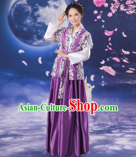 Asian China Ancient Han Dynasty Young Lady Costume, Traditional Chinese Hanfu Country Woman Purple Clothing