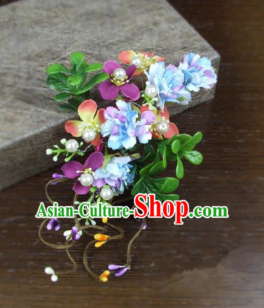 Top Grade Handmade Wedding Hair Accessories Headdress Colorful Silk Flowers, Baroque Style Bride Pearls Headwear for Women